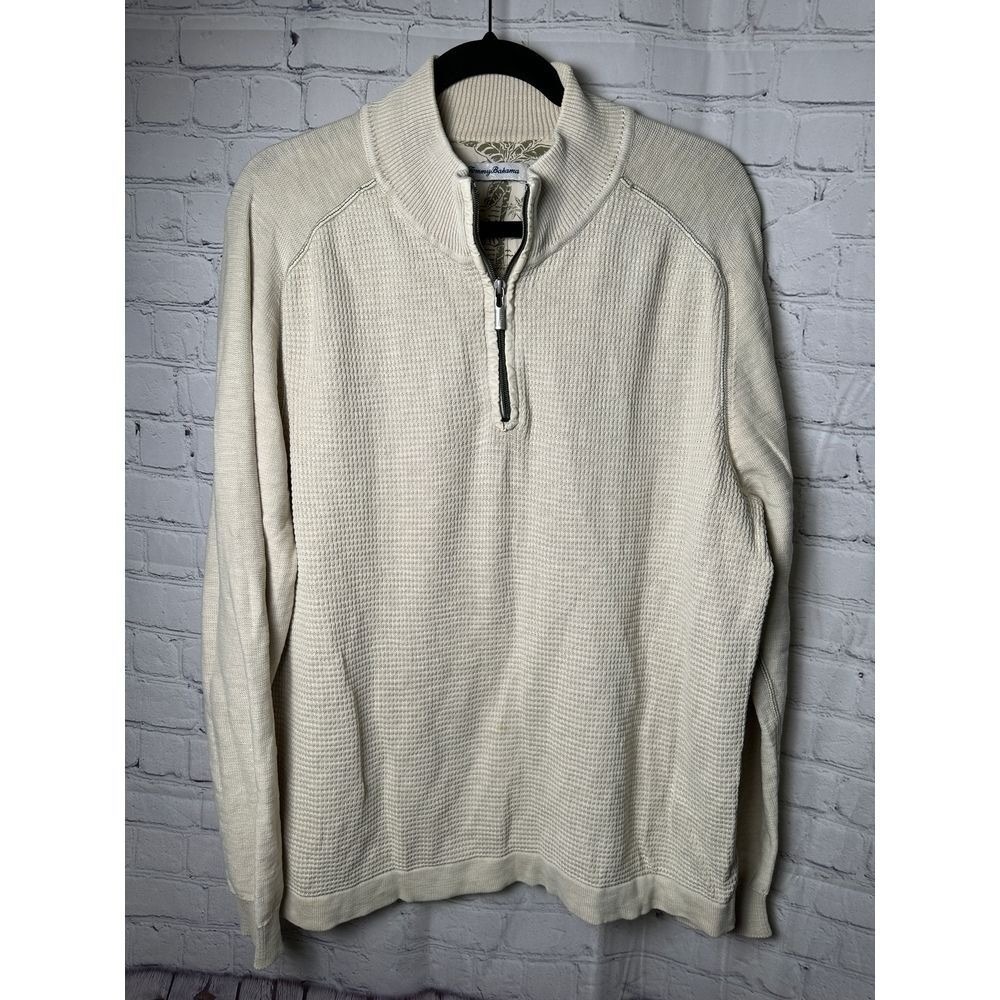 Tommy Bahama Cream Waffle Knit Quarter-Zip Pullover Sweater Casual Comfort